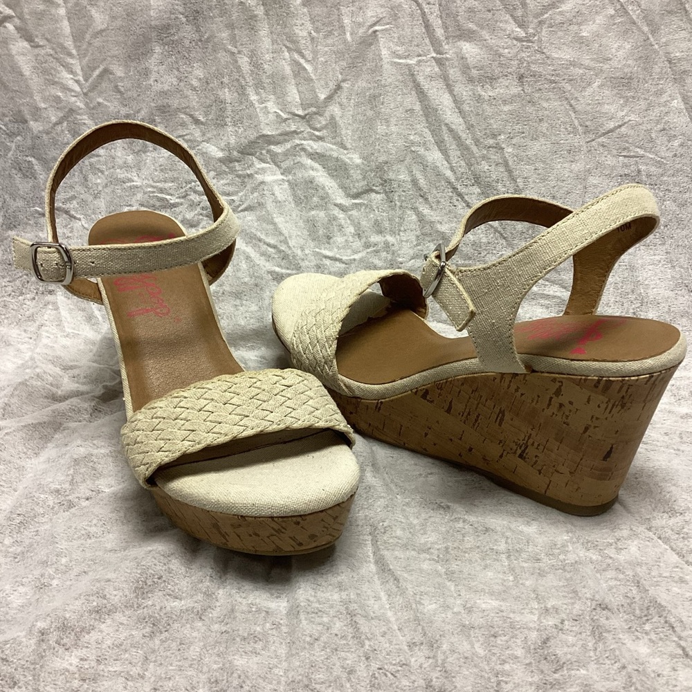 Jellypop Linen Cream Beige Cork Heel Wedge Strappy Sandals with Buckle * Size 10